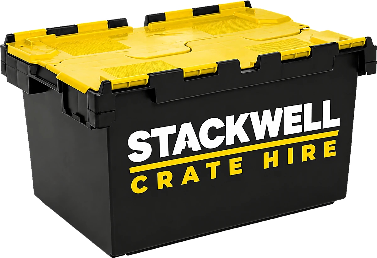 A Stackwell standard crate with its yellow attached lid folded shut