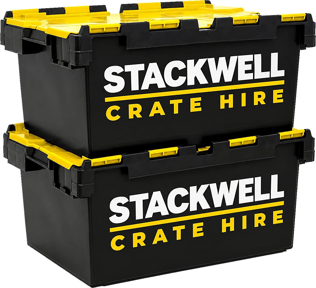 Two Stackwell crates stacked, black with yellow attached lids